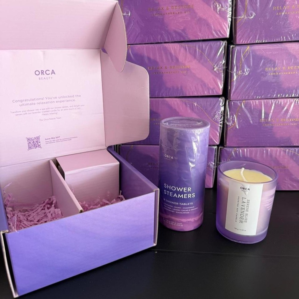 ORCA Beauty Relax & Restore Aromatherapy Gift Set Shower Steamers Soy Candle